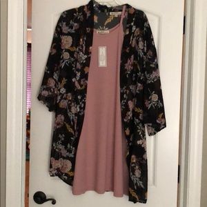 Solid swing dress and floral kimono set.